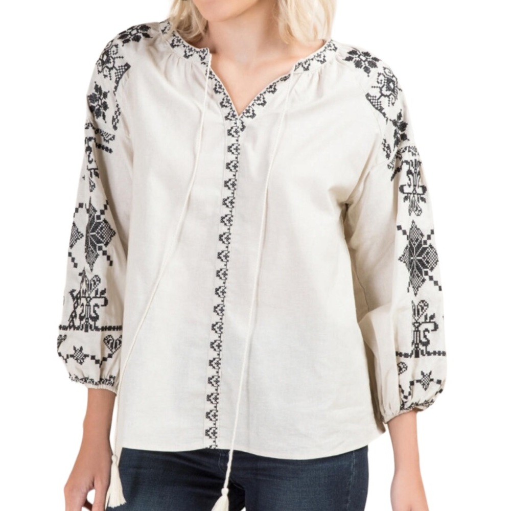 Francesca’s Blue Rain Embroidered Puff Sleeve Tunic Top Boho Lagenlook